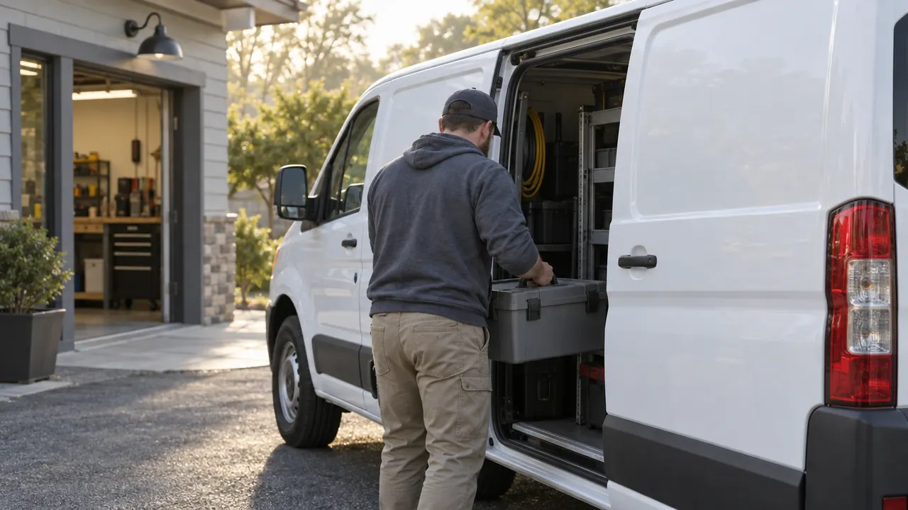 AI-generated photo: a person in a cap and hoodie, seen from behind, loads a grey toolbox into the side door of a plain white van outside a small workshop in early morning light.