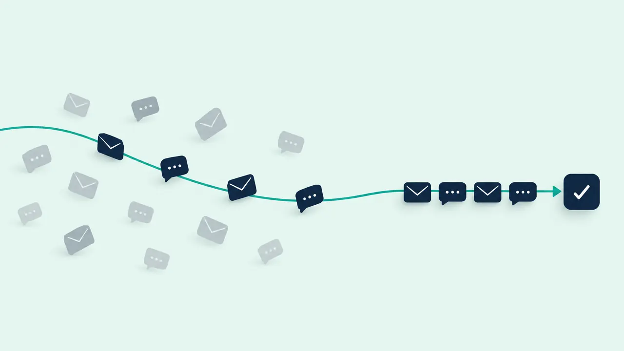 Illustration: scattered grey envelope and chat-bubble icons. A teal line picks them up, turns them navy and lines them up in a row ending in a check mark.