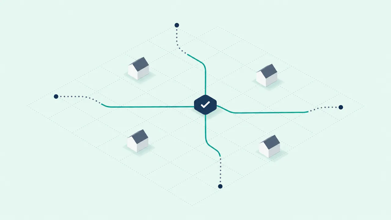 Illustration: an overhead grid with a few houses. Dotted paths come in from the edges and join teal lines that meet at a single check mark in the center.